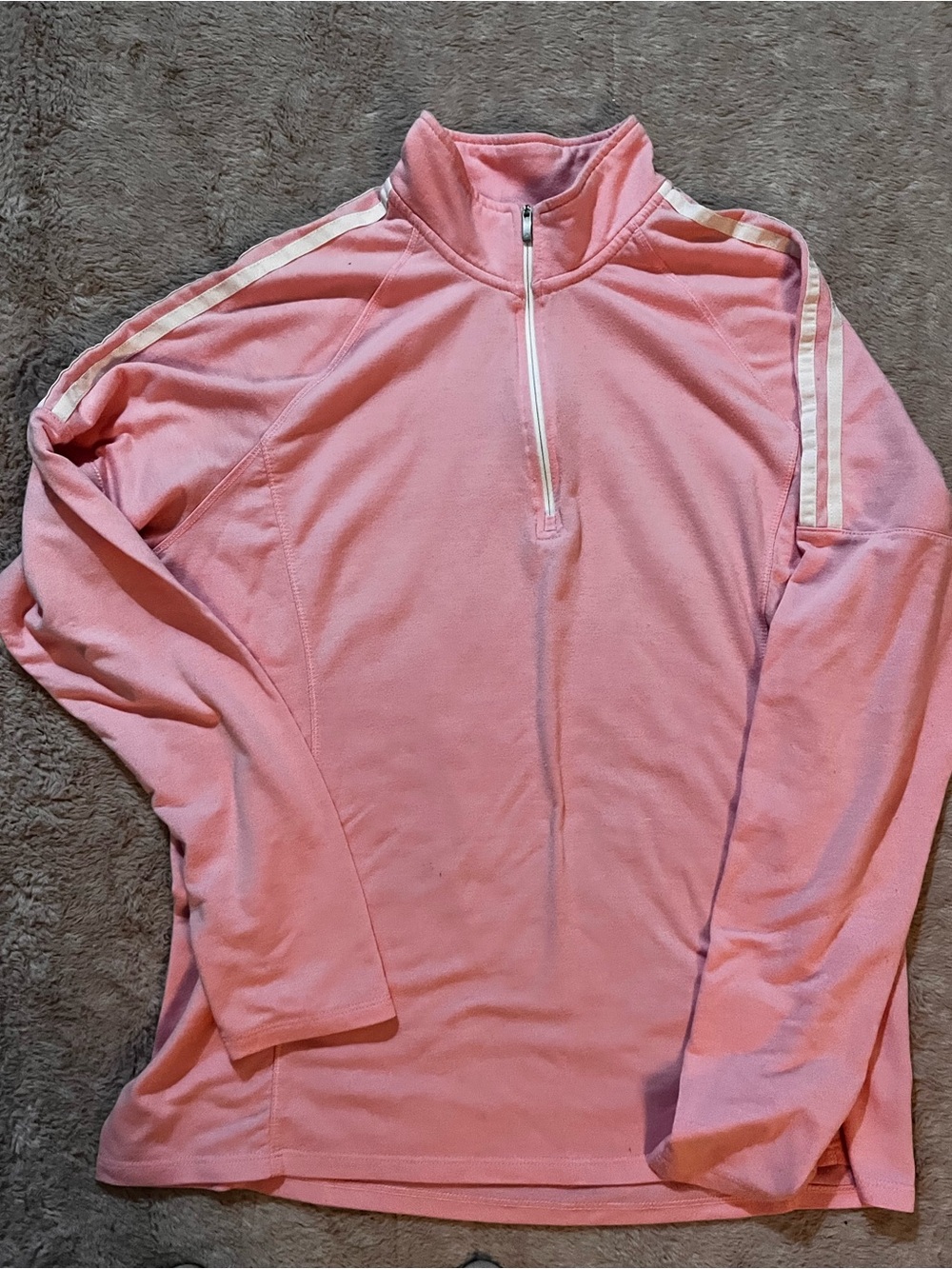 adidas Pink Quarter-Zip Pullover with White Shoulder Stripes on shoulders